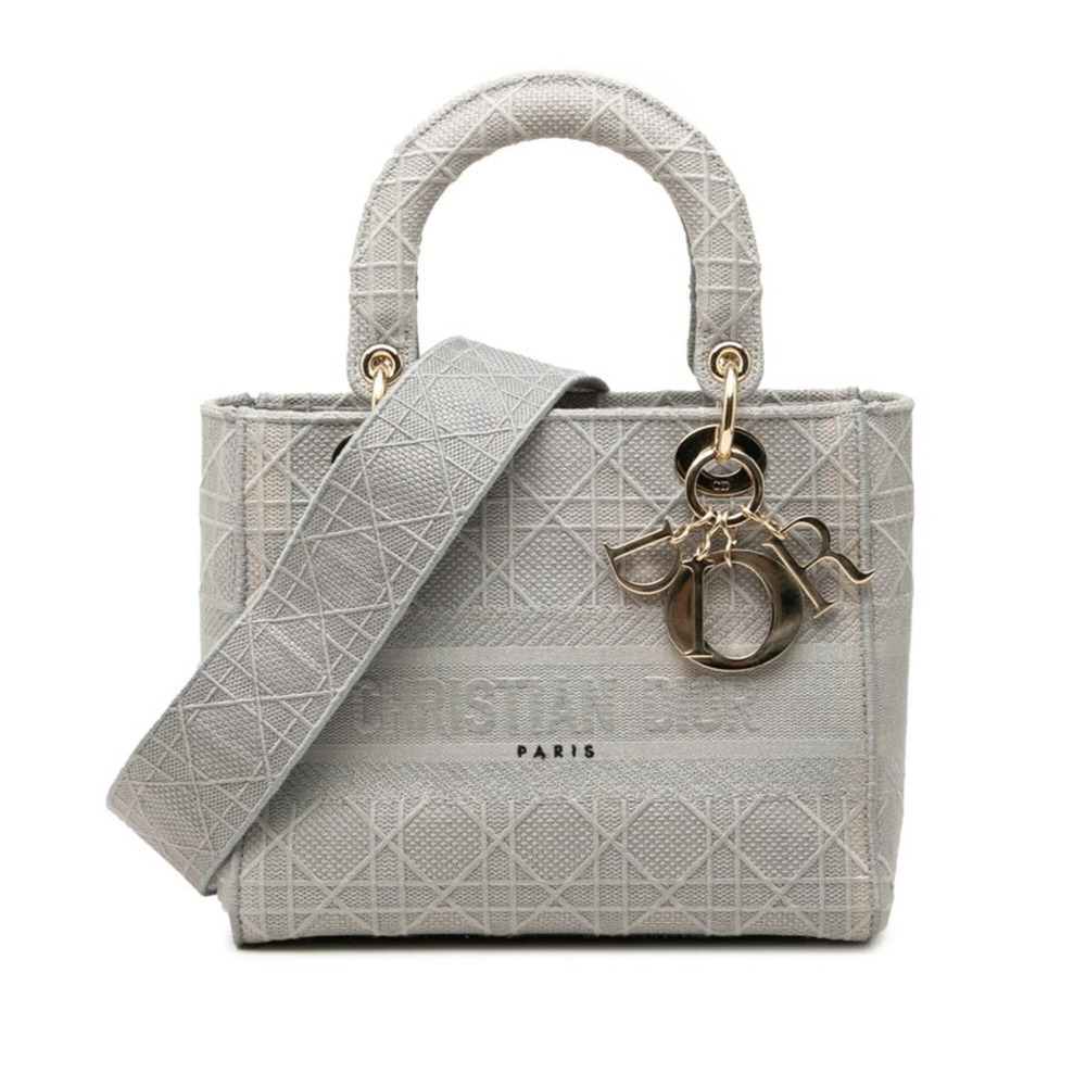 Christian Dior Dior Cannage Lady D-Light Handbag/Shoulder Bag 2-Way Gray Canv...